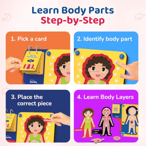 Image of Smartivity Human Body Parts Puzzle for Kids 4-7 Years | 40+ Learning Cards - Teaches Outer Body & Organs | See Bones with Magic X-RAY I Birthday Gift for Boys & Girls