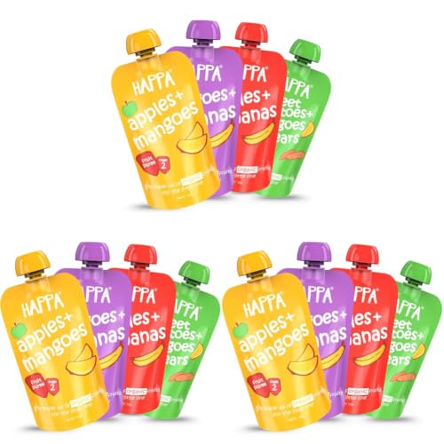Image of Happa Organic Baby Food Puree Travel Combo | 100% Fruits and Vegetables | No Added Sugar, No Milk Powder, No Preservatives | Stage 2 (6 Months+) | Ready to Eat | Free from Common Allergens | Pack of 12 (100g Each)