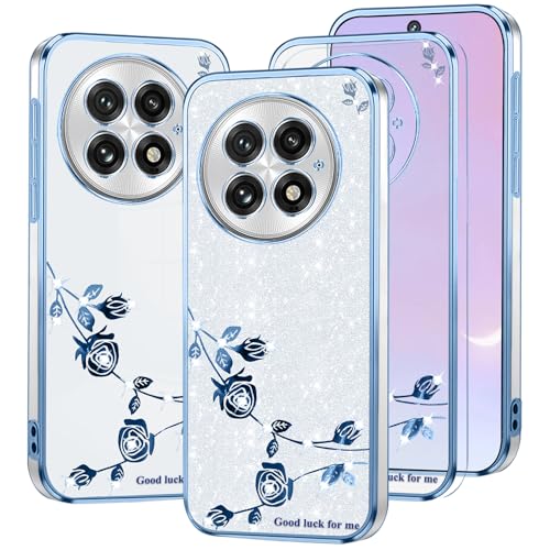 Coque OnePlus 13 silicone antichoc transparente avec paillettes bleues et motif floral pour femme