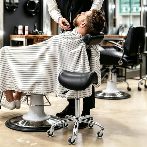 Image of Saddle Stool, Adjustable Ergonomic PU Leather Rolling Drafting Chair, Black | 360 Swivel wheels, Height adjustable, Multi-use for Salon, Lab, Tattoo, Massage & Clinic