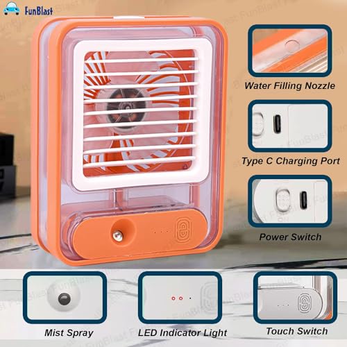 Image of FunBlast Portable Mist Fan - USB Rechargeable Mini Desk Fan with Water Spray, Cooling Table Fan for Travel, Office, Makeup & Outdoor Use (Orange)