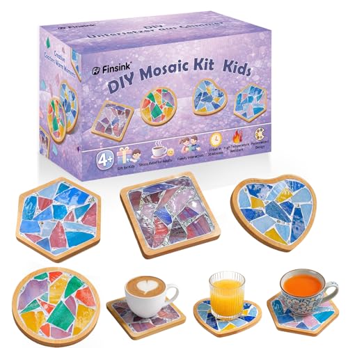 Finsink Mosaik Bastelset Kinder 4 Stück Mosaiksteine Zum Basteln und Holz Untersetzer Mosaik Bastelset DIY Kit Wärmeisolierender Untersetzer für Kinder ab 4 Jahren Mädchengeburtstag