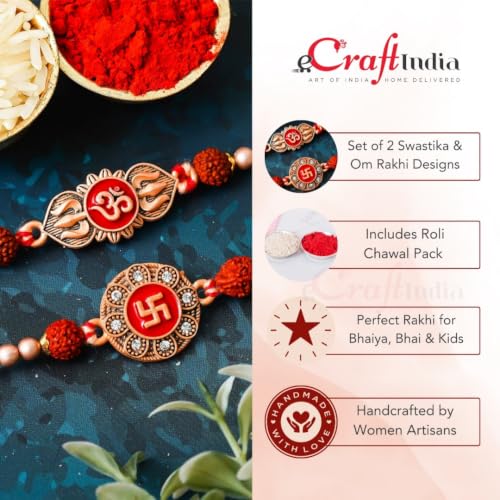 Image of eCraftIndia Unisex Adult Set Of 2 Peacock Feather And Floral Designer Rakhis For Brothers With Roli Chawal