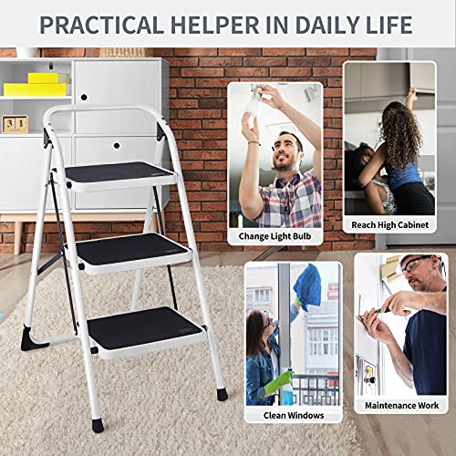 Ergomaster 3 Step Ladder Folding Step Stool Portable Lightweight Step Ladders With Sturdy Steel Frame And Wide Anti-Slip Pedal For Home Office Garage Library - 330 Lbs Capacity #TOP2