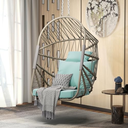 DWVO Foldable Hanging Egg Chair with Cushion, Rattan Wicker Swing Chair Without Stand, 350lbs Capacity, Indoor Outdoor Basket Seat for Balcony, Bedroom, Porch, Garden (Sky Blue)