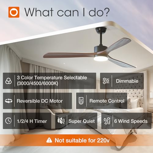 Image of addlon 60 Inch Solid Wood Ceiling Fans with Lights and Remote Control | 3CCT dimmable light, quiet reversible DC motor, 6 speeds, memory, timer; bedrooms, living rooms, covered patios and gazebos