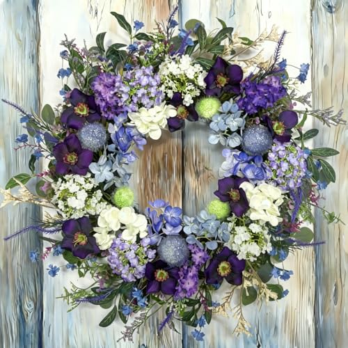 24-Inch Colorful Flower Wreath for Front Door Hydrangeas Lavender Wreath Spring Summer Artificial Wild Flower Greenery Leaves for All Seasons Farmhouse Home Wall Indoor Outdoor Window Decor