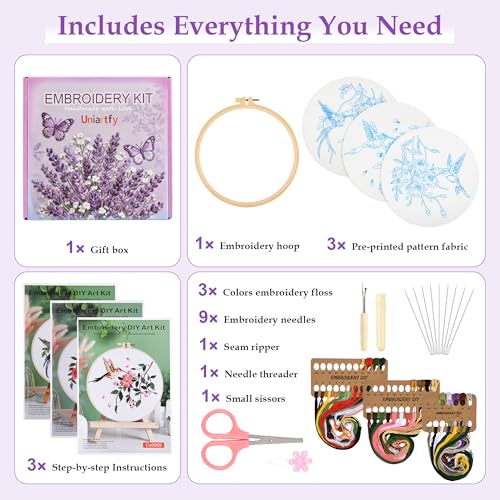 Image of Embroidery Kit for Beginners,3 Pack Hummingbird and Flower Cross Stitch Kits for Adults,Needlepoint kit with Stamped Patterns,Hoop,Threads for Craft Lover,Hand Stitch with Embroidery Skill Techniques