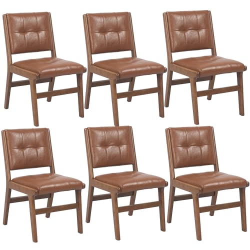 Image of KCC Modern PU Leather Dining Chairs Set of 6, Upholstered Kitchen Chairs with Solid Wood Legs and Comfortable Seat for Dining Room Lounge Bedroom(Brown)