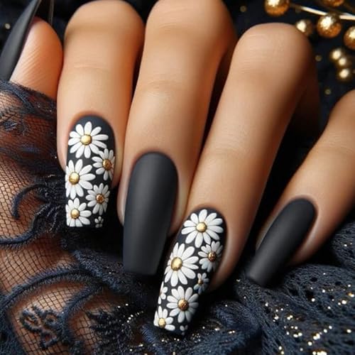 SEMATA Spring Black Acrylic Press on Nails Medium Long Square Nails Press ons Coffin Summer Glue on Fake Nail with White Daisy Designs Reusable Artificial Stick on False Nail for Women 24Pcs