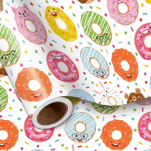 LeZakaa Donut Wrapping Paper Roll, Cute Expressions, Playful Colorful Donut Design for Birthdays, Kids Parties, Bakers, Children, Girls, Boys, Mini Roll 17 in x 16.4 Ft