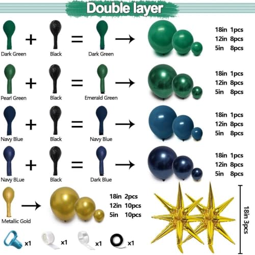 Image of Navy Blue Green Balloon Arch Double Stuffed Dark Emerald Green Blue Gold Balloon Garland Kit with Star Foil Balloons for Birthday Graduation Anniversary Baby Shower Christmas Party Decorations