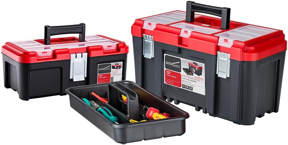 19-inch + 13-inch Sturdy Toolbox - Multiple Compartments, Removable Tool Tray - Strong Lid, Easy Grip Handle - Made of Polypropylene Plastic