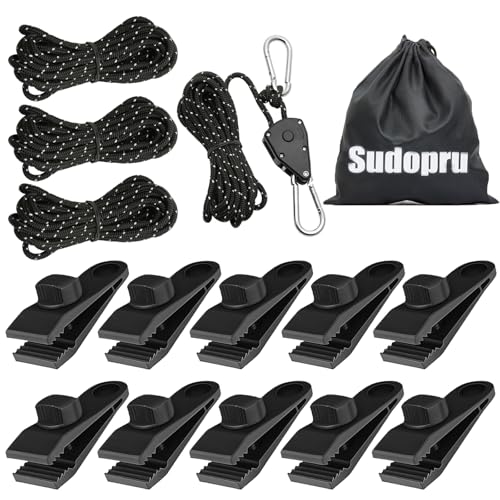 Heavy Duty Tarp Clips with Adjustable Rope Hanger 14 Pack Tarp Tie Down Kit for Truck Camping Pool Cover Boat & Shade Cloth Strong Windproof Clamp for Outdoor Use(10 Clips+4 Rope Hanger+1 Bag)
