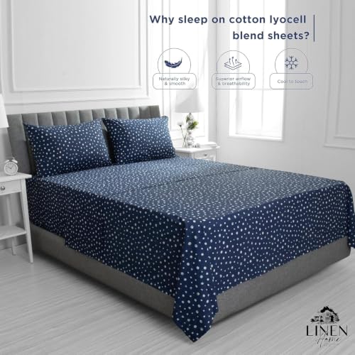 Image of Linen Home 100% Cotton Printed Percale Sheets Cal King Size, Polka Navy