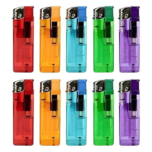 ASPIRE UK 10 Multicolour Electronic Lighter - Refillable & Child Safe with Adjustable Flame, Transparent Design, Long-lasting Performance, Ideal for BBQ, Camping, Kitchen Use