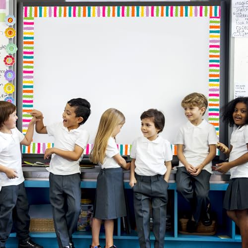 Image of Whaline 32.8 Ft Classroom Bulletin Board Borders, Neon Color Dot Stripe | Rolled Border Trim, Multicolor, Die-Cut, Chalkboard Trim, Back to School Wall Door Decoration
