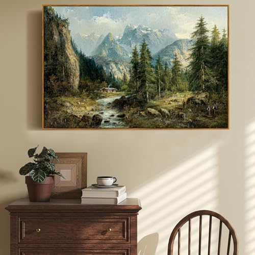 crmotu Vintage Framed Wall Art, Mountain River Landscape Canvas Painting, Pine Tree Forest Art Prints, Rustic Farmhouse Home Decorations, Pictures Wall Decor Living Room Bedroom Cottage 16x24in