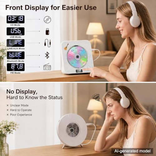 Image of Gueray CD Player Portable Bluetooth Desktop CD Player for Home with Timer Built-in HiFi Speakers with LCD Screen Display Boombox FM Radio USB Type-c (Ivory)