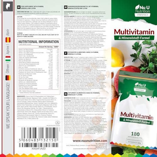 Multivitamin-Tabletten für Männer & Frauen - 180 Tabletten - 6 Monats-Vorrat - 25 A-Z Multivitamine & Mineralien mit Eisen, Zink & Vitamin D - Eine pro Tag - Nu U Nutrition