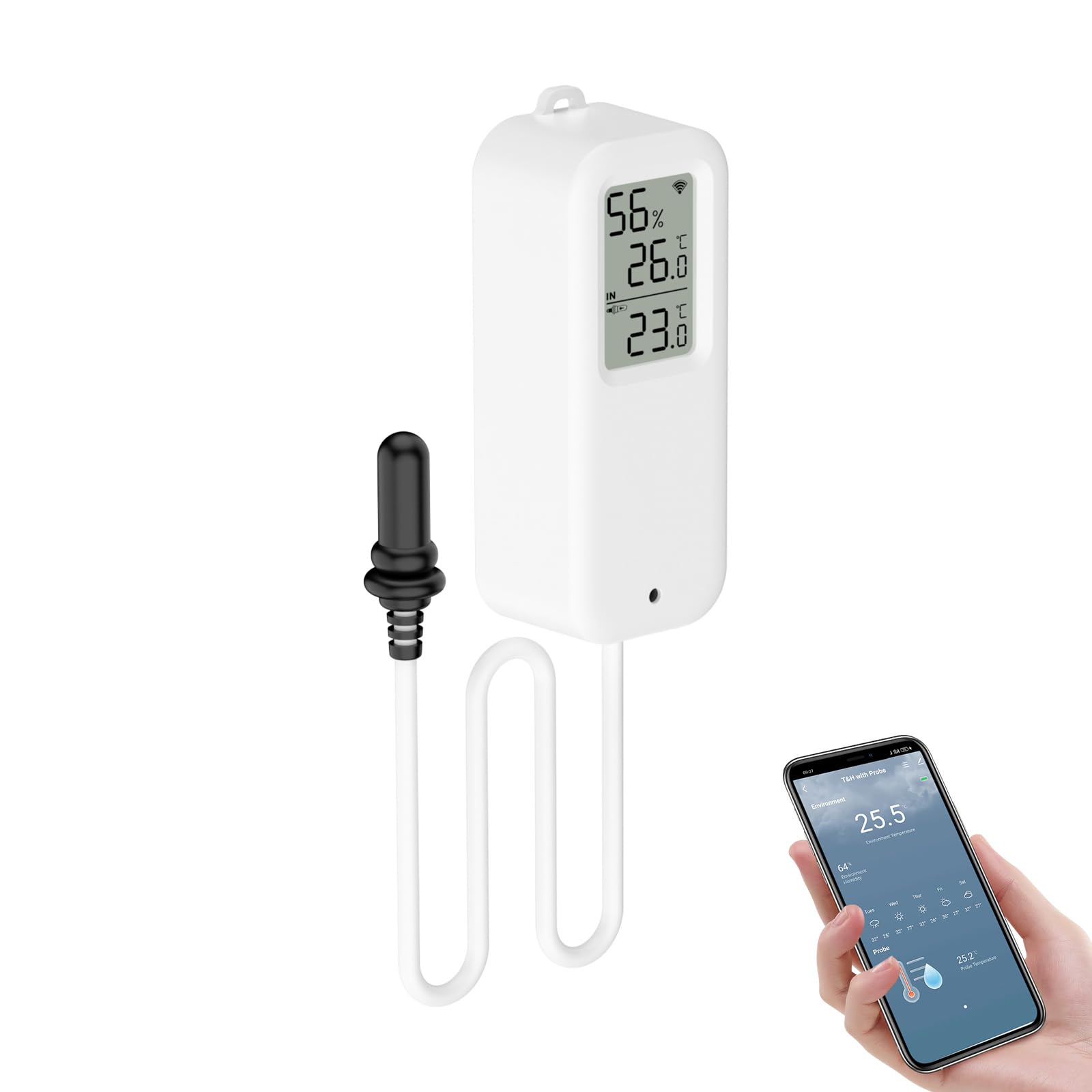 Sensore Temperatura Wifi, Igrometro Digitale Interno ed Esterno con Sonda Esterna, Termometro Frigorifero Meter App Monitor, Baby Room Termometro per Frigorifero, Acquario, 1 Pack con Schermo