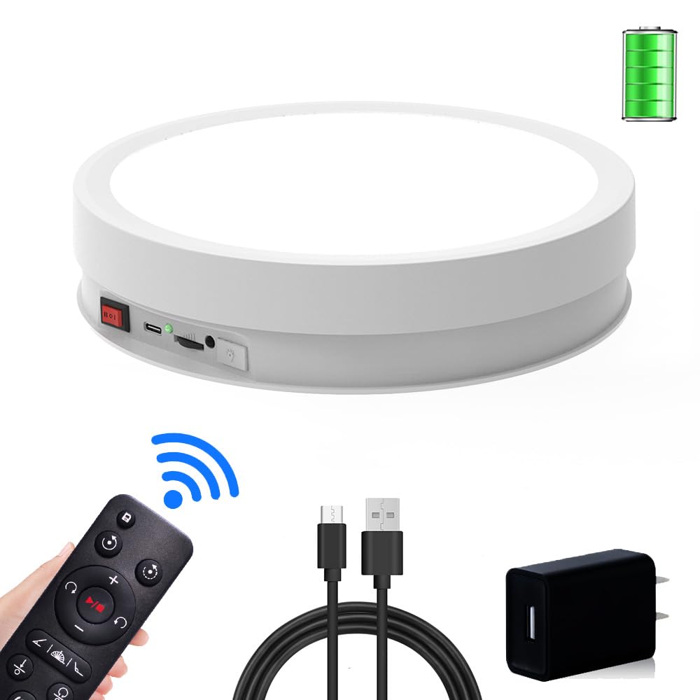 JAYEGT Base de luz LED antideslizante giratoria, carga de 66 libras, inalámbrico, tocadiscos de fotografía de 360 grados para obras de arte esféricas de cristal de vidrio, ferias de productos, joyas,