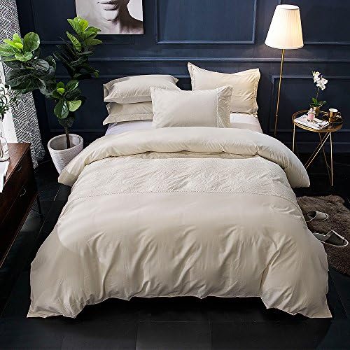 Lausonhouse Cotton Duvet Cover Set,100% Cotton Embroidered with Prettty Lace Duvet Cover Set, Vintage 3 Pieces Bedding Set - Queen