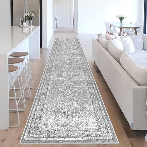 KUTA Medallion Washable Runner Rug 2.6x14, Non-Slip Hallway Kitchen Runners Grey with Rubber Backing, Ultra Soft Printed Distressed Oriental Vintage Extra Long 14ft Stairs Carpet Rugs