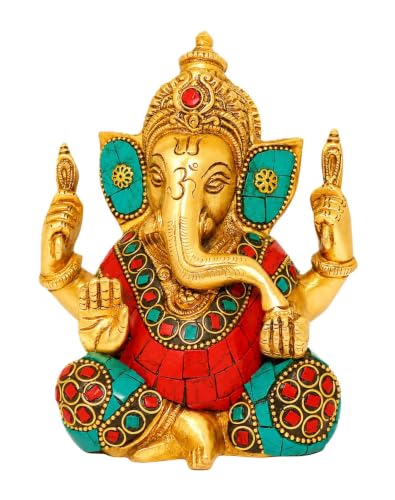Image of Brass Ganesha Idol 5.5-Inch - Premium Ganpati Statue with Multicolour Stone Inlay for Health, Wealth, Prosperity and Home Decor