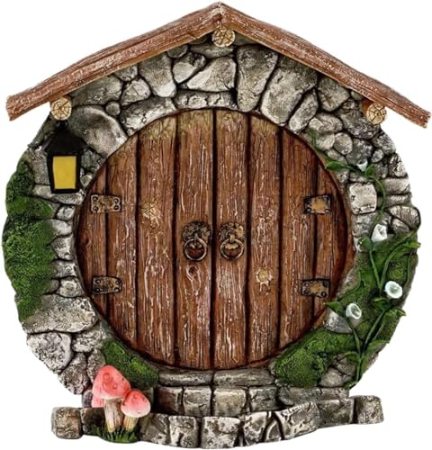 Brown Fairy Garden Doors and Windows for Trees, Mini Fairy Statues Wall and Trees Outdoor Wooden Doors and Windows in The Yard Garden, Sculptures and Statues, Outdoor, Decorations