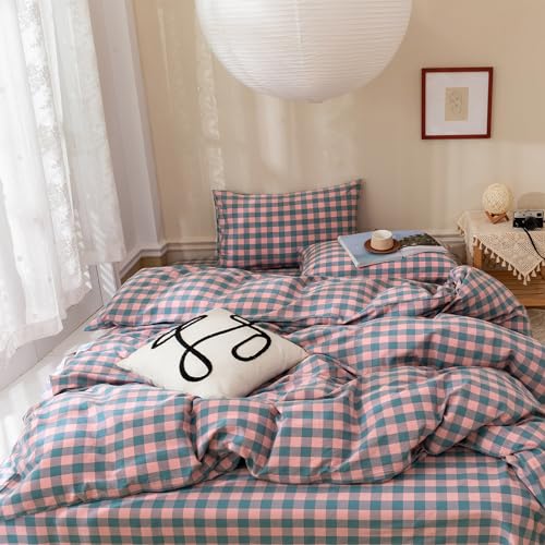 Image of Queen Comforter Set Modern Style Checkered Pattern Comforter Purple Pink Plaid Bedding Comforter Lightweight Fluffy Soft Boho Grid Bedding Geometric Plaid Comforter Set Queen with 2 Pillowcases