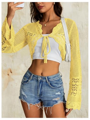 Image of OYOANGLE Women's Crochet Tie Front Sweater Cardigans Bell Sleeve Knitted Cropped Bolero Shrug Cardigan