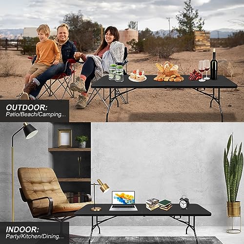 ICSPOID Portable Plastic Folding Table 4ft/6ft/8ft Heavy Duty White Black Picnic Dining Table Fold-in-Half for Camp Party Kitchen Indoor Outdoor