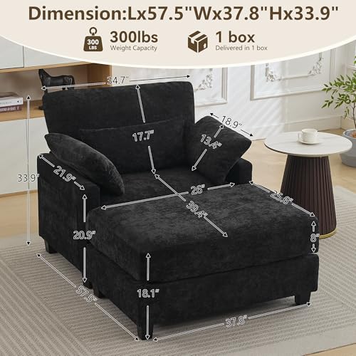 Image of 57.5 inch Oversized Chenille Chair with Movable Ottoman, Black Deep Seat Comfy Upholstered Chaise Lounge Reading Accent Armchair with Side Pocket, Single Sleeper Sofa for Living Room Bedroom Small Space