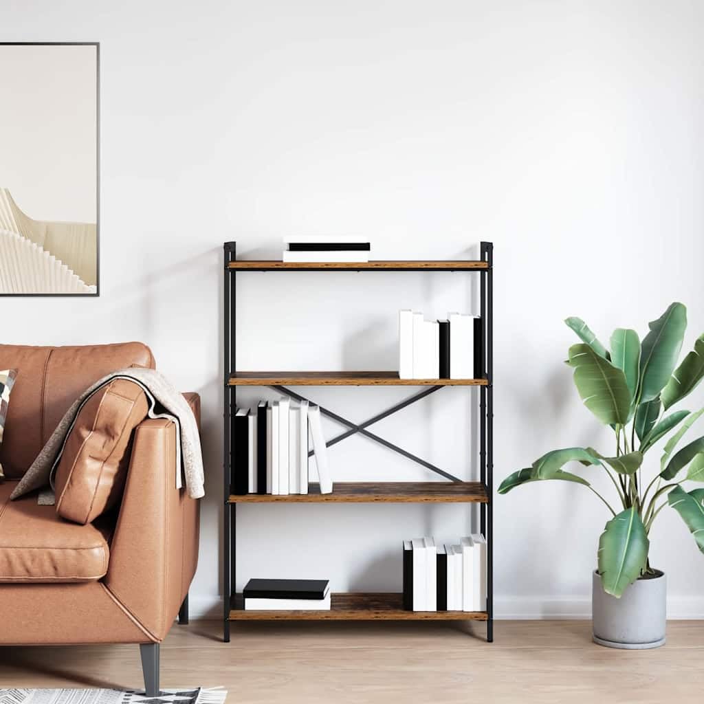 Pequeña estantería de madera envejecida, 80 x 30 x 120 cm, de madera con marco de acero negro, diseño moderno y robusto, para salón, oficina, hogar, oficina