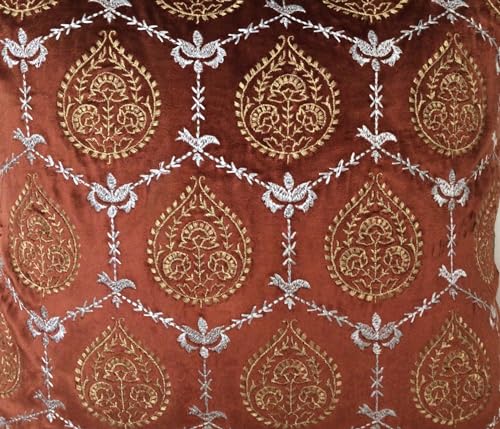 Image of TARA- Sparkling Homes 18 x 18 Inches Zari Embroidered Velvet Cushion Covers, 'Padmini' from 'The Royal Collection', Set of 1 (Burnt Orange, 18 x 18 Inches)