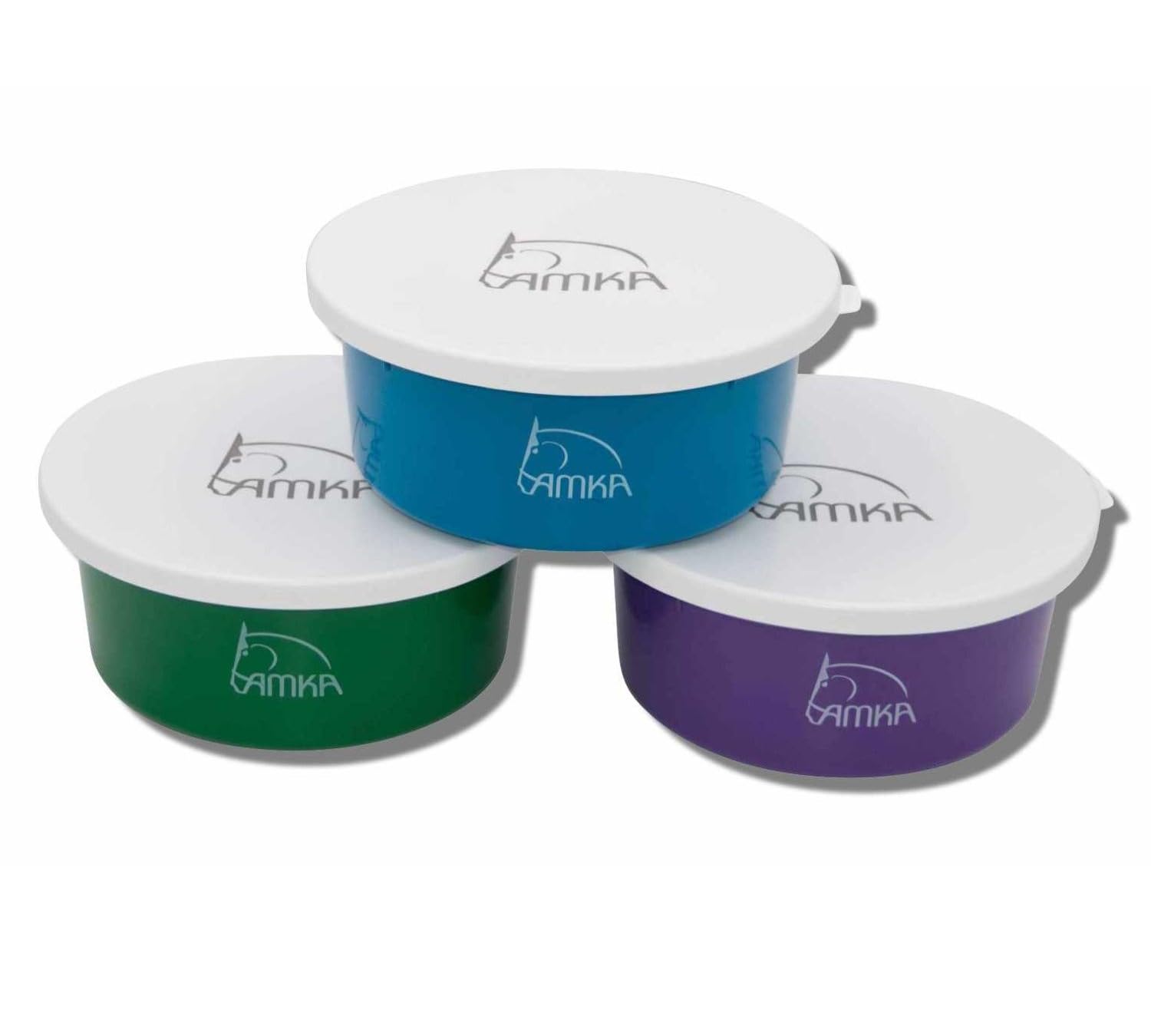 AMKA Cereal Bowl Food Bowl Lick Bowl 2 Litres with Lid Set of 3 Assorted Colours Animals, Horses, Dogs, Cats
