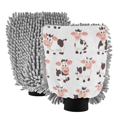 STAYTOP Cartoon Cow Car Wash Mitt Microfiber, 2Pcs Scratch Free Lint-Free, Premium Chenille Microfiber Mitt Car Wash Brush-M