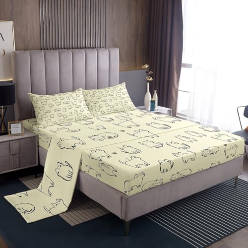 Image of Kawaii Cat Fitted Sheet Set Full Size 4 Pcs,Kitten Silhouette Yellow Teens Sheets,Cartoon Animals Pets Bedding Sets (1 Fitted,1 Flat,2 Pillowcases) Luxury Deep Pocket Bed Sheets
