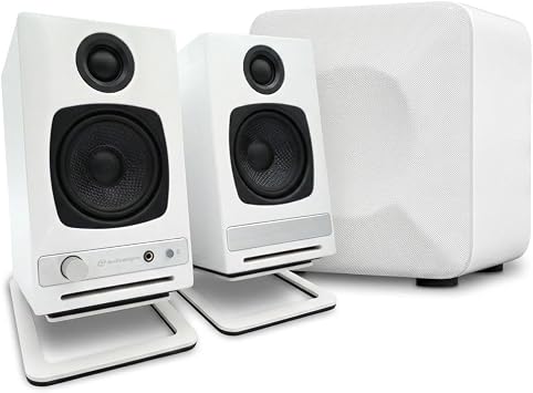 Audioengine A2 HD HD3 Bluetooth Desktop Speaker Bundle for Computer & Laptop Complete Home Office Audio Setup with S6 Powered Subwoofer and DS1M Speaker Stand in White
