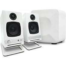 Audioengine A2 HD HD3 Bluetooth Desktop Speaker Bundle for Computer & Laptop Complete Home Office Audio Setup with S6 Powered Subwoofer and DS1M Speaker Stand in White