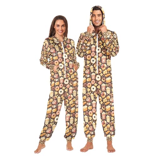 Pijama para hombre, pijama con capucha para mujer, conjunto de dibujos animados, lindo pijama de palomitas de maíz, Donut de palomitas de maíz Kawaii de dibujos animados, XS