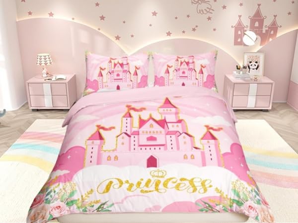 feelingyou Princess Duvet Cover Double Size,Pink Castle Dreamy Flowers Comforter Cover for Adults Kids Bedroom Decor,Fairy Tale Theme for Girl Comfortable Bedding Set 2 Pillowcases,No Comforter