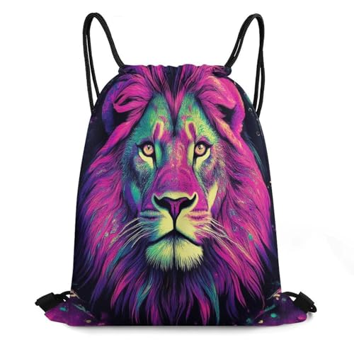 Comfortable Colorful Lion Galaxy Art Gym Bag for Unisex, Waterproof Drawstring Backpack, Pull String Bags for Sport Beach Travel Swim Hiking