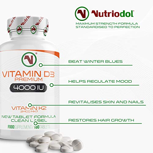 Nutriodol Vitamin D3 4000 IU with Free 2mcg K2 MK7 All Trans – (6 Months) 180 x High Strength Vitamin D Tablets – Immune System D Supplement for Men and Women – VIT D3 As Cholecalciferol - Image 4