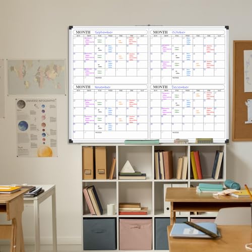 Image of XBoard Magnetic Calendar Whiteboard 48x36 inch, 4 Month Dry Erase Board Planner with Silver Aluminium Frame, Foldable White Board Calendar for Home School Office Organization