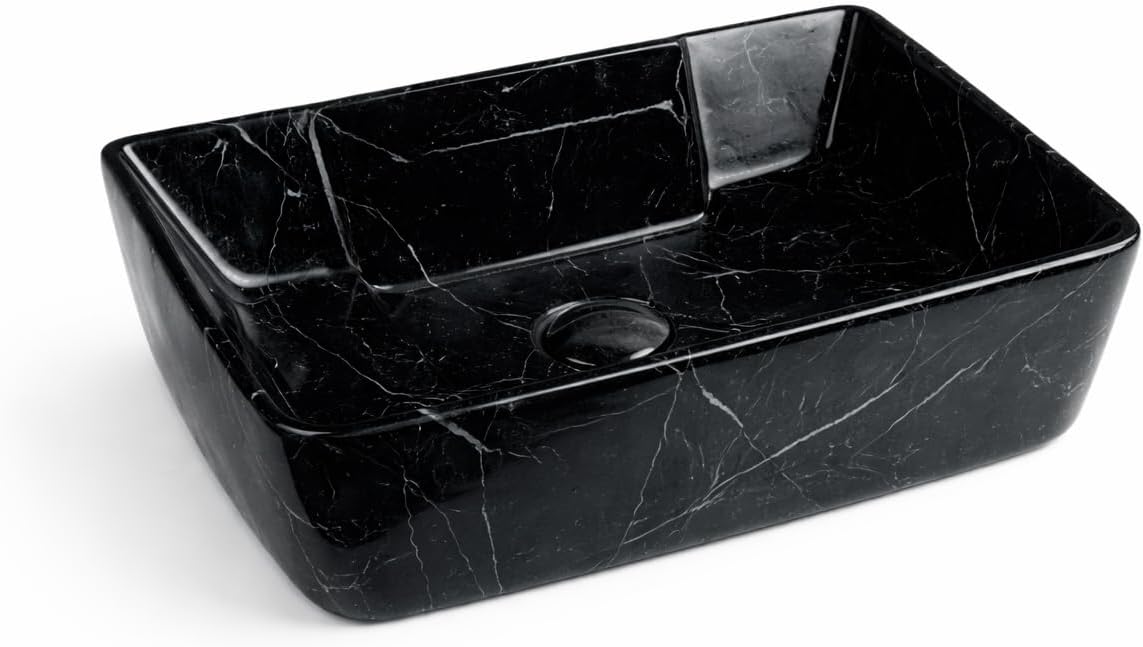 Rectangular Vessel Sink, Black Marble Pattern, Ceramic Basin, Above Counter Bathroom Sink (16x12)