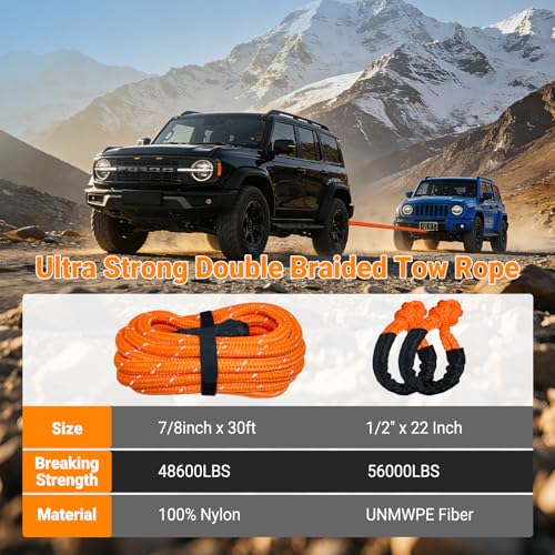 Image of Kinetic Recovery Rope 7 /8 inch x 30ft, 48600lbs Breaking Strength Kinetic Tow Rope,Heavy Duty Recovery Rope with 2pcs Soft Recovery Shackles for Off-Road,Trucks,Jeep,SUV, ATV, UTV,Tractor