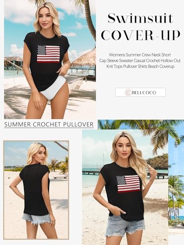 Image of Womens Summer Crochet Tops Hollow Out Cap Sleeve Cover Up Tank Top Pullover Sweater Vest Beach Vacation Clothes