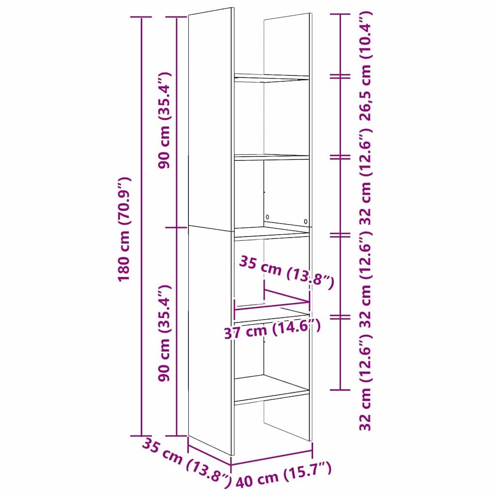 Libreria a 5 ripiani, 40 x 35 x 180 cm, in legno anticato, per soggiorno, studio, corridoio, con design robusto, molto spazio, facile da montare, durevole